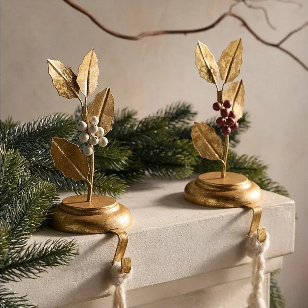 Anthropologie Terrain Holly White Berries Christmas Stocking Holder Set of 2 NWT